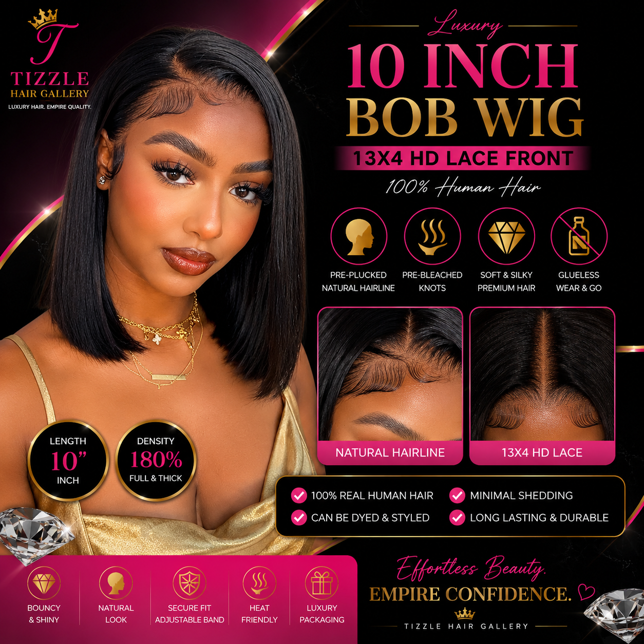 10 Inch Bob Wig Human Hair 13x4 HD Lace Front Wigs Human Hair Pre Plucked Short Bob Wig Lace Frontal Wigs for Black Women 180% Density Glueless Straight Human Hair Wig Natural Color