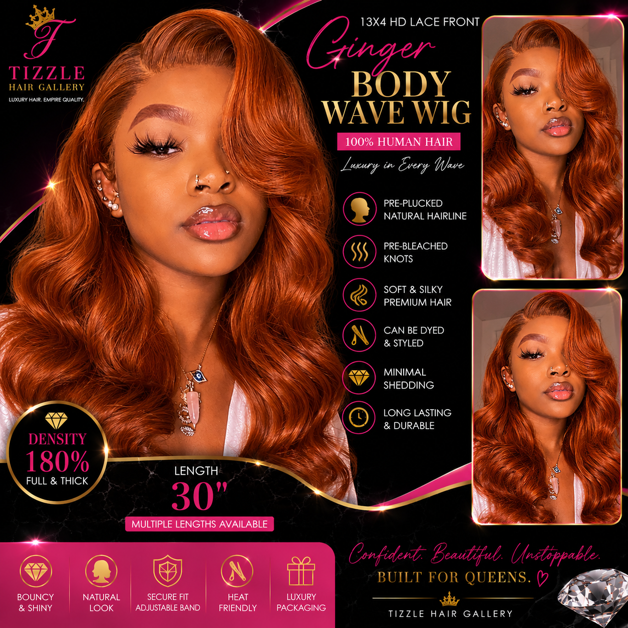 Colorful Bird Dark Ginger Lace Front Wigs Human Hair Body Wave Orange Ginger Brown Brazilian 13x4 HD Lace Front Human Hair Wigs Glueless 180% Density Pre Plucked Natural Hairline 18 inch