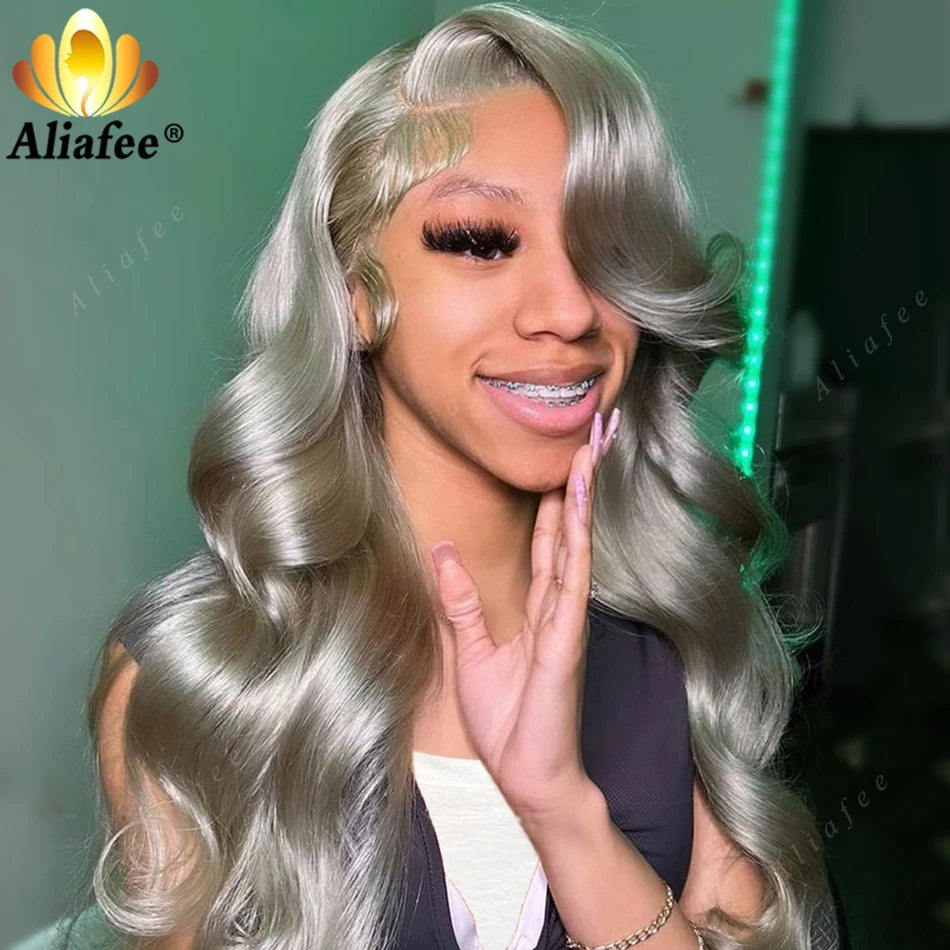 Gray Ash Blonde Highlight Transparent Lace Front Human Hair Wig