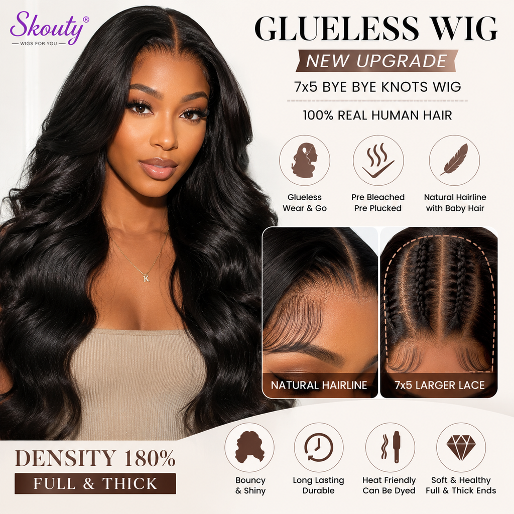 Glueless Wig 7x5 Bye Bye Knots 100% Real Human Hair 180% Density